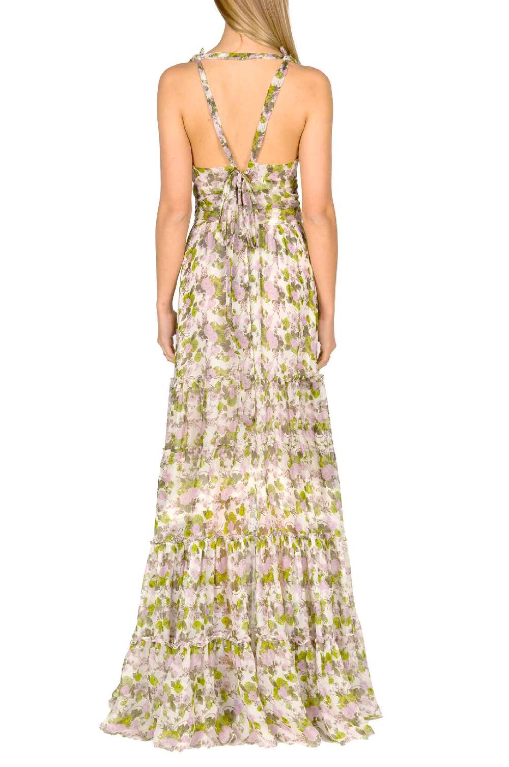 Luisa Beccaria Abito lungo in chiffon increspato con rose in fiore Offerta
