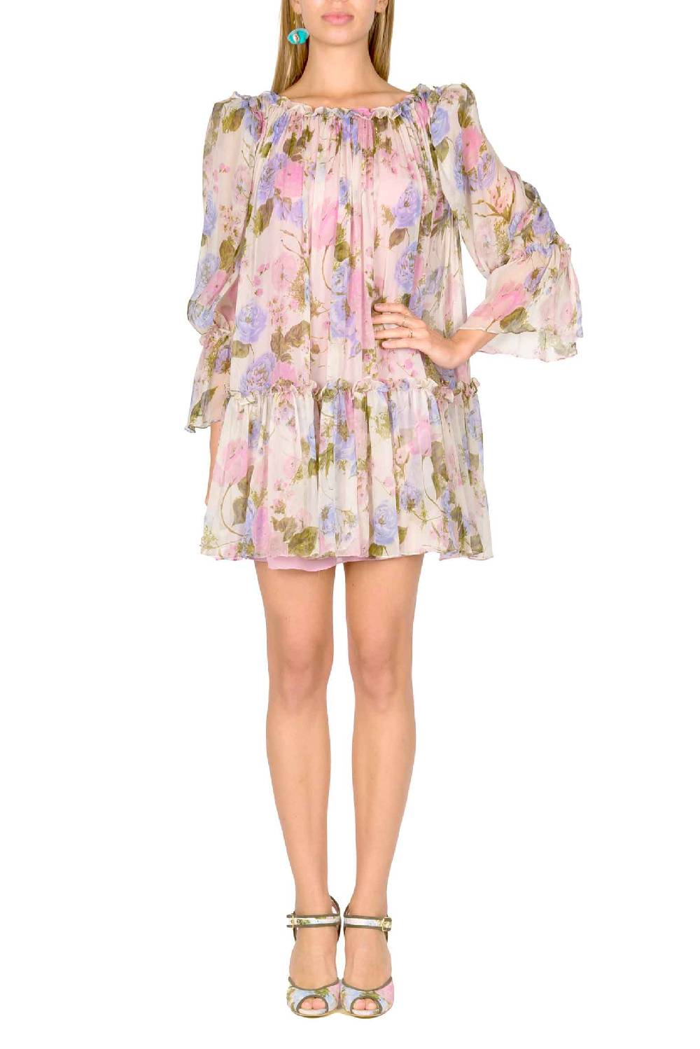 Luisa Beccaria Mini abito in chiffon stampato floreale con maniche a palloncino Prezzo di fabbrica