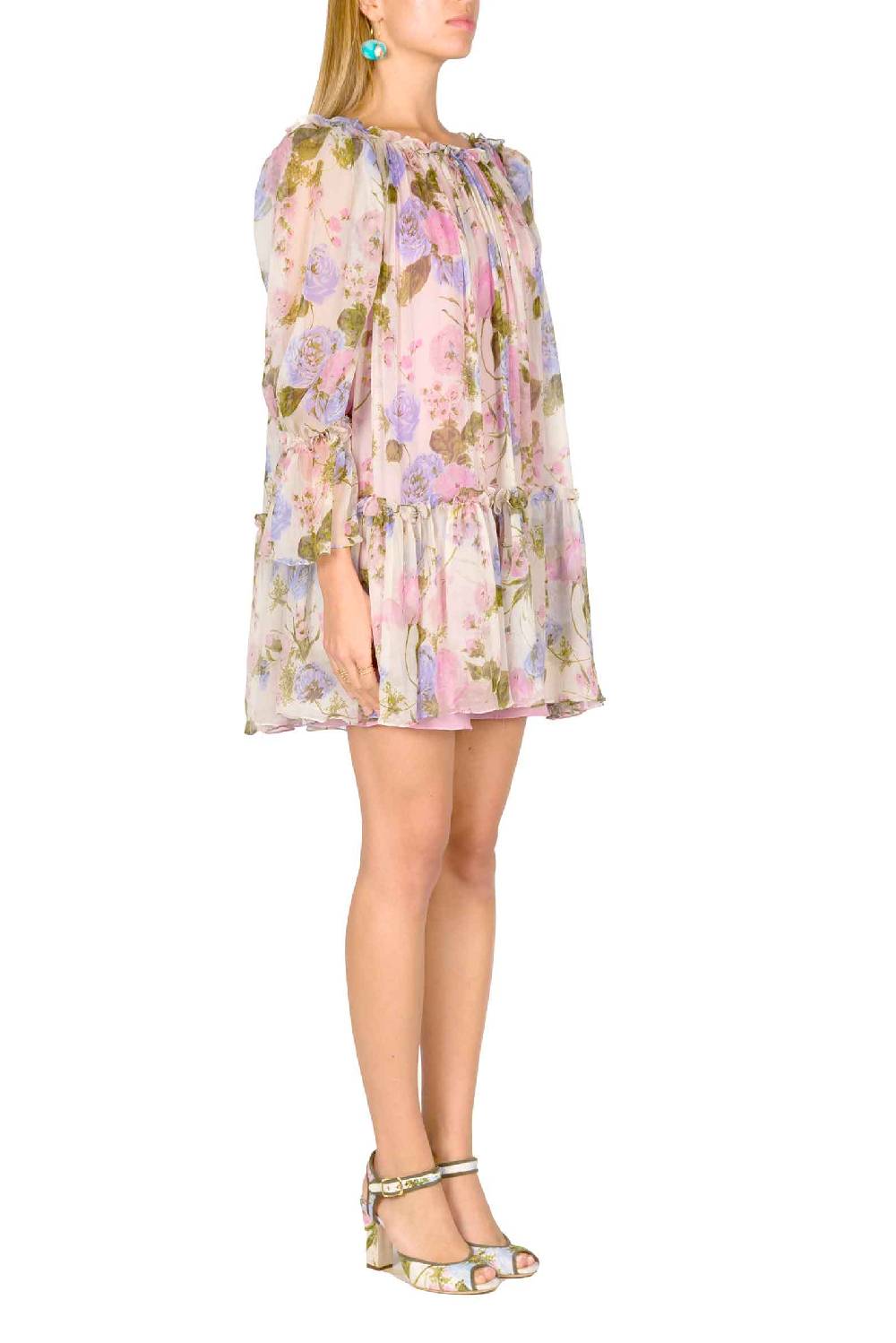 Luisa Beccaria Mini abito in chiffon stampato floreale con maniche a palloncino Prezzo di fabbrica