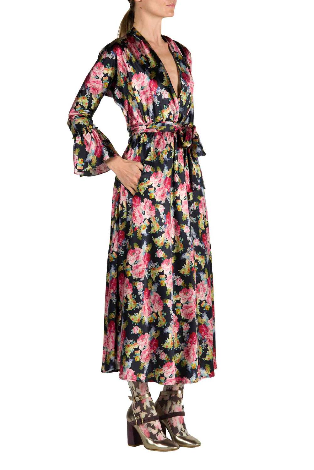 Luisa Beccaria Abito Luisa Wrap Satin Floreale Stampa Rose Pezzi Unici