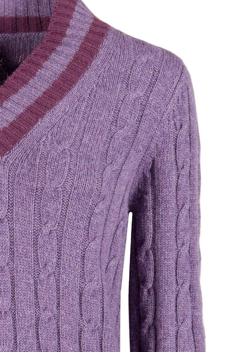 Luisa Beccaria Maglia viola in cashmere a trecce con scollo a V Promozione Limitata