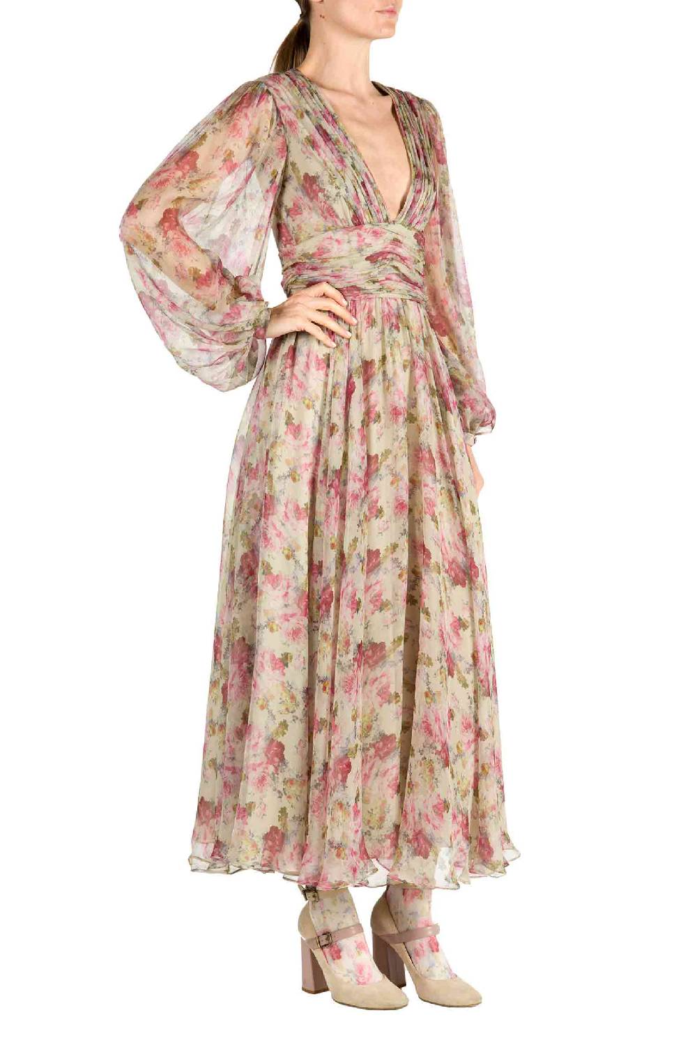 Luisa Beccaria Abito in chiffon con rose stampate In Saldo