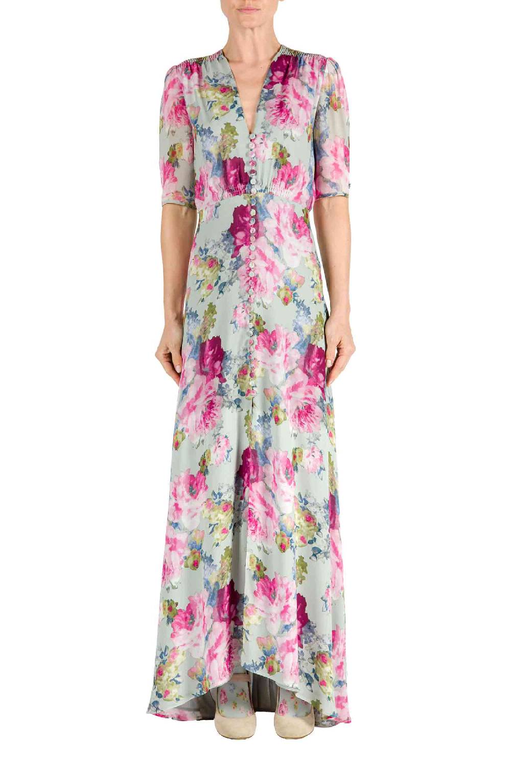 Luisa Beccaria Abito Bottoncino in Crepe Stampa Floreale Rose In Linea