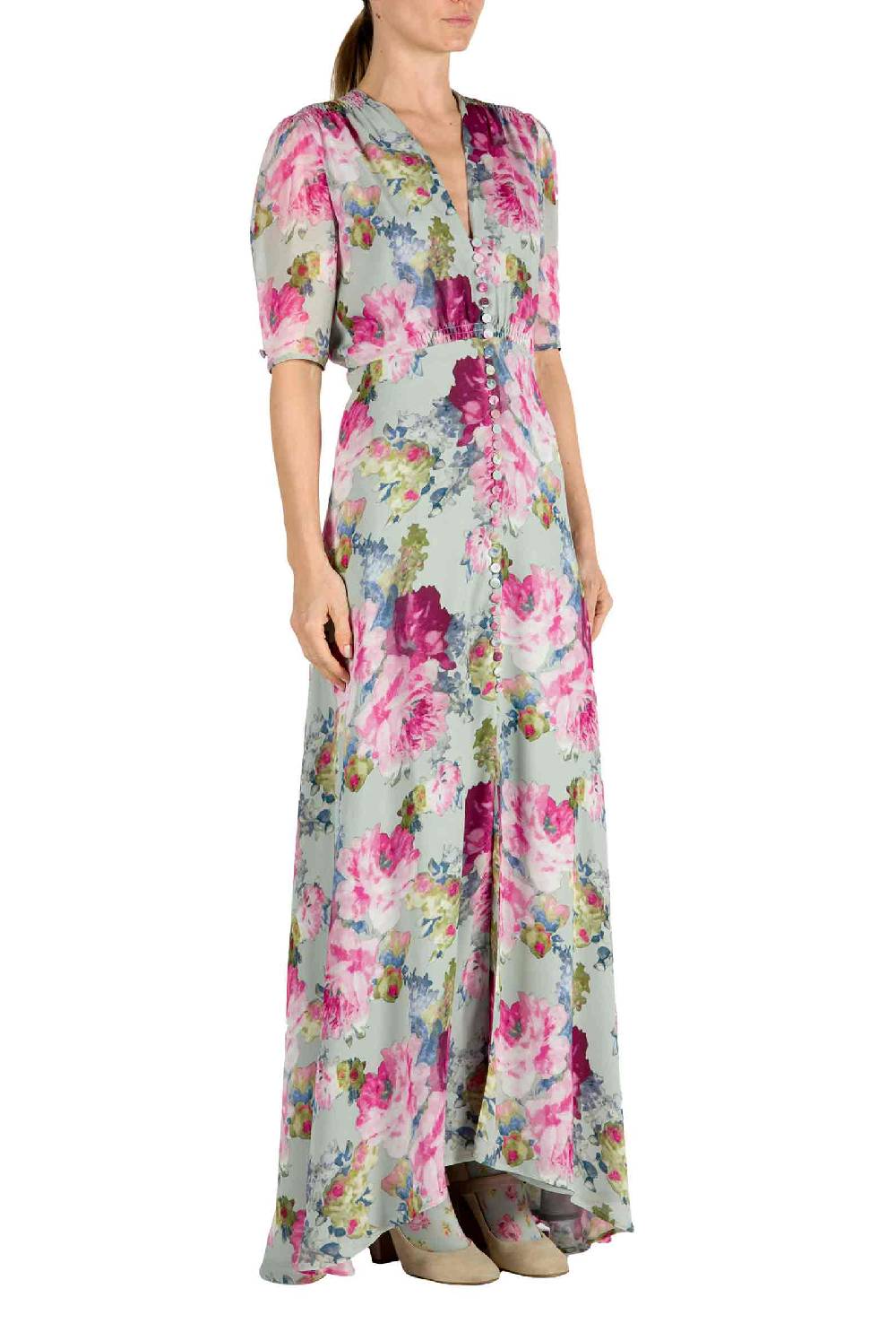 Luisa Beccaria Abito Bottoncino in Crepe Stampa Floreale Rose In Linea
