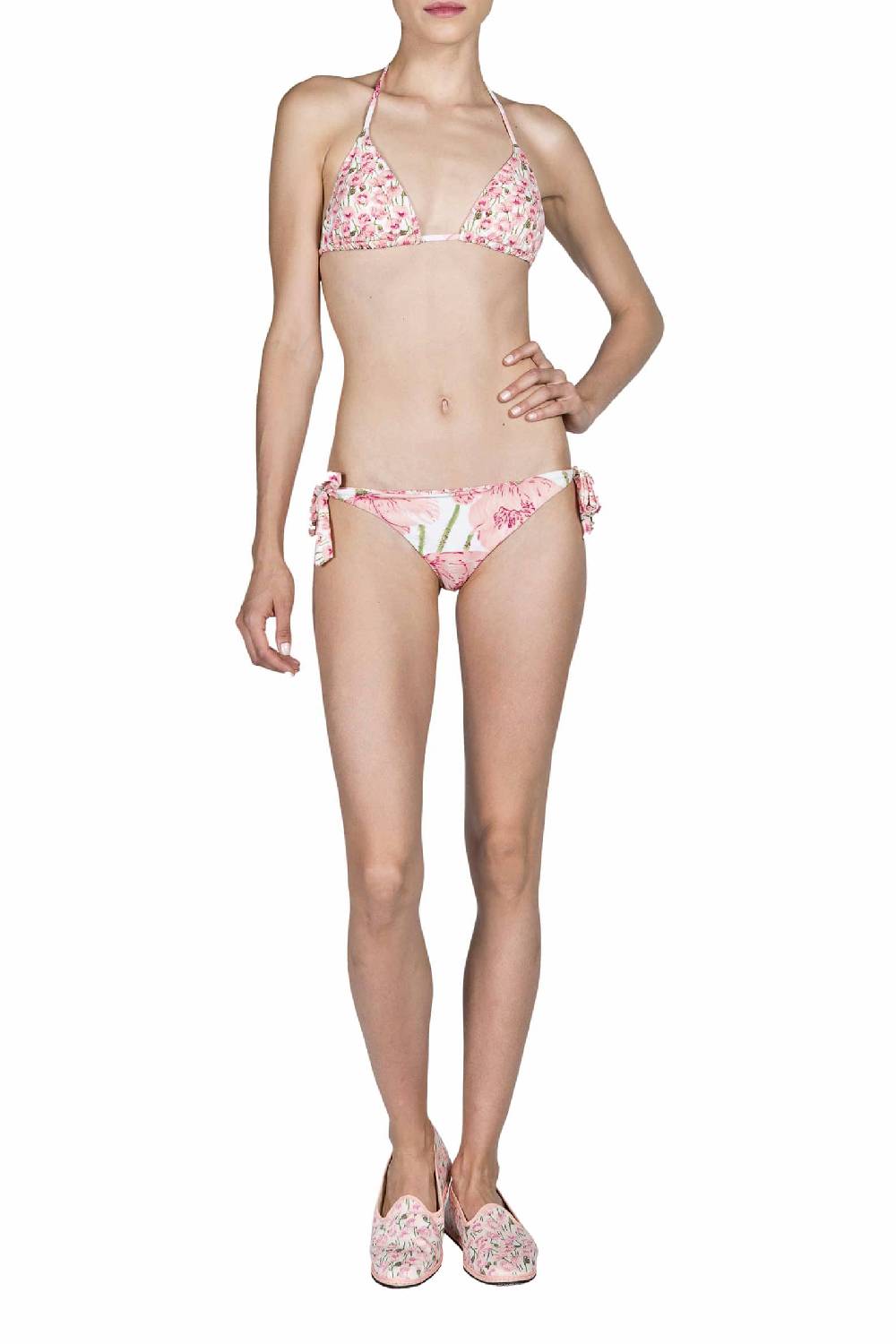 Luisa Beccaria Bikini Triangolo E Slip Rosa Papaveri Double Face Presa