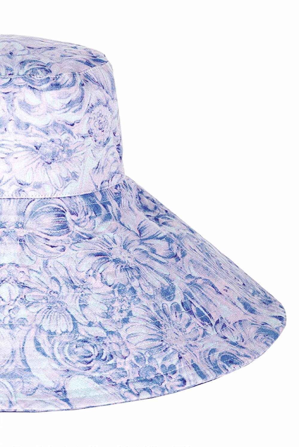 Luisa Beccaria Cappello in lino Capri con stampa rose viola Saldi Di Fabbrica
