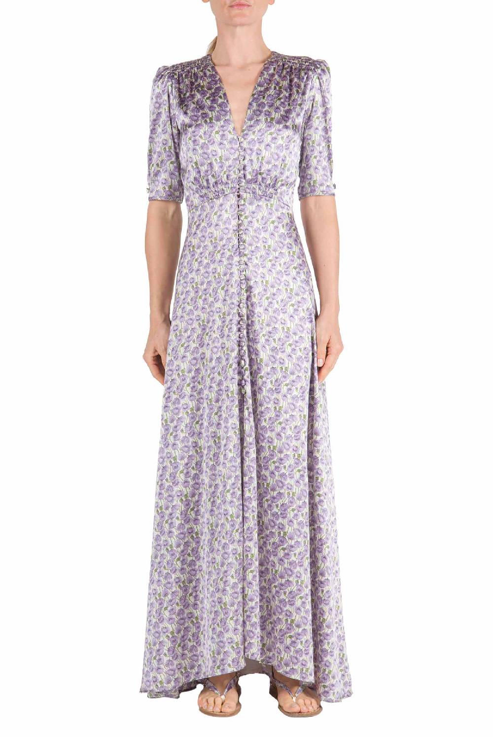 Luisa Beccaria Abito in Raso Bottoncino Micro Papaveri Shopping Online