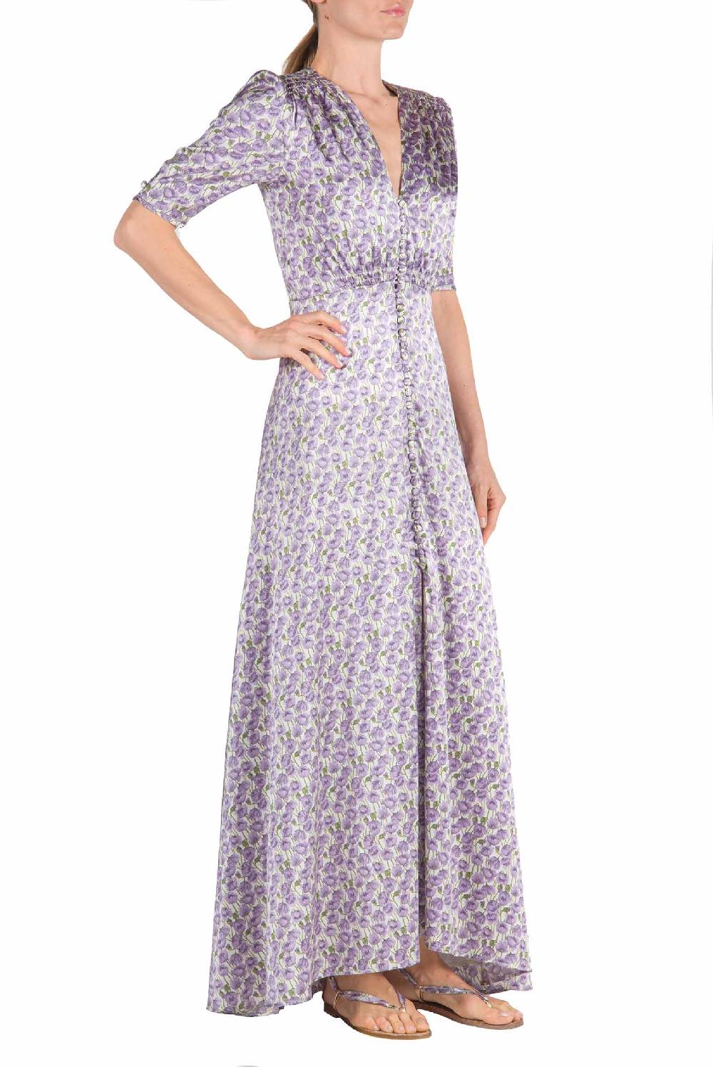 Luisa Beccaria Abito in Raso Bottoncino Micro Papaveri Shopping Online