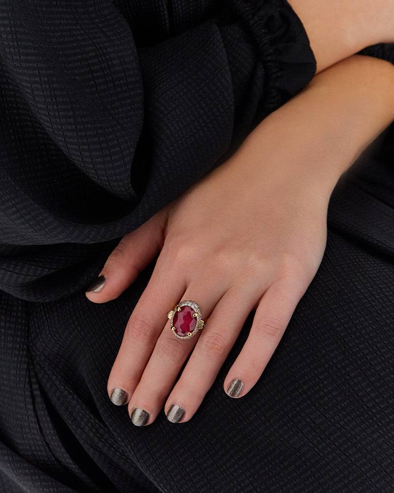 Nanis Anello "DANCING REVERSE" double face in oro, rubini, diamanti e crista – Nanis Italian Jewels In Vendita