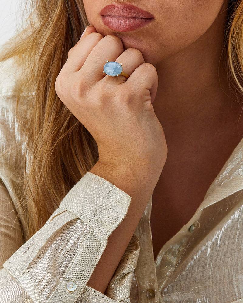Nanis Anello "IPANEMA" in oro, acquamarina e dettagli di diamanti (grande) – Nanis Italian Jewels Vendita