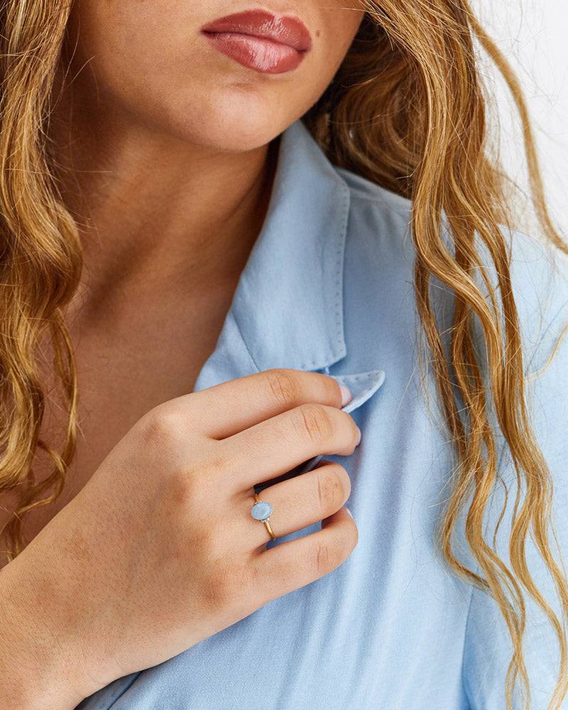 Nanis Anello "DANCING AZURE" con boule in oro, diamanti e acquamarina (picco – Nanis Italian Jewels Grande vendita
