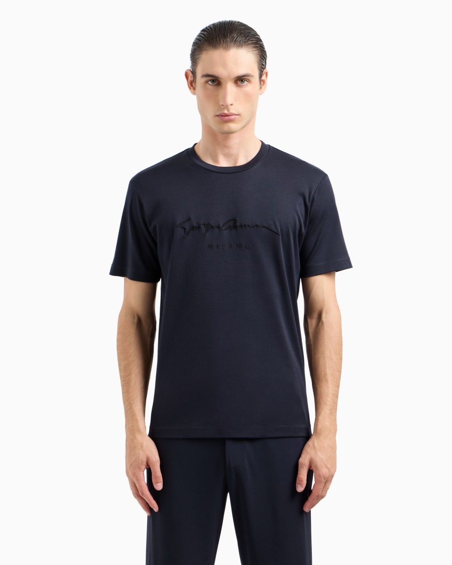 The world of armani T-SHIRT IN INTERLOCK DI PURO COTONE CON LOGO RICAMATO Negozi Online
