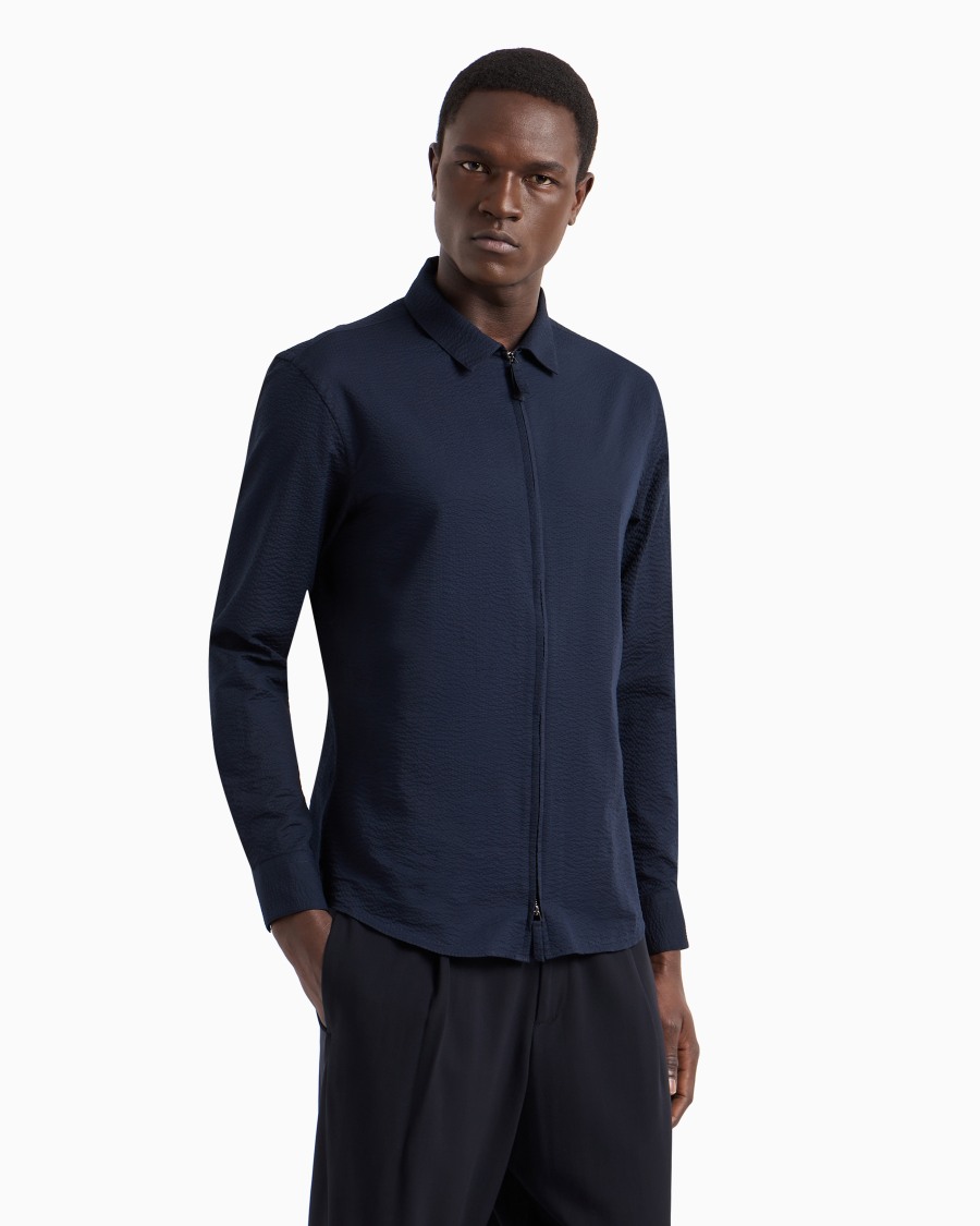 The world of armani CAMICIA SLIM FIT CON ZIP IN COTONE SEERSUCKER Promozione Limitata