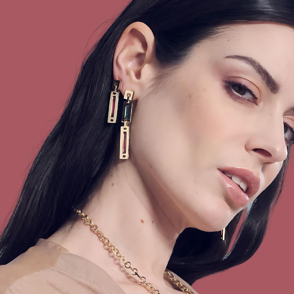 Unoaerre Orecchini lunghi donna con smalto verde e rosa | UNOAERRE Gioielli Moda