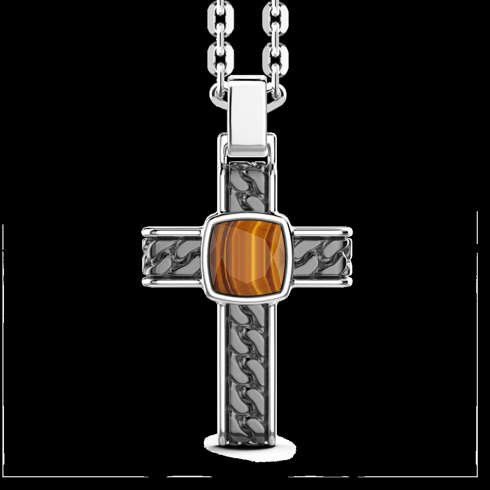 Zancan Collana in argento con pendente a croce e occhio di tigre quadrata Online