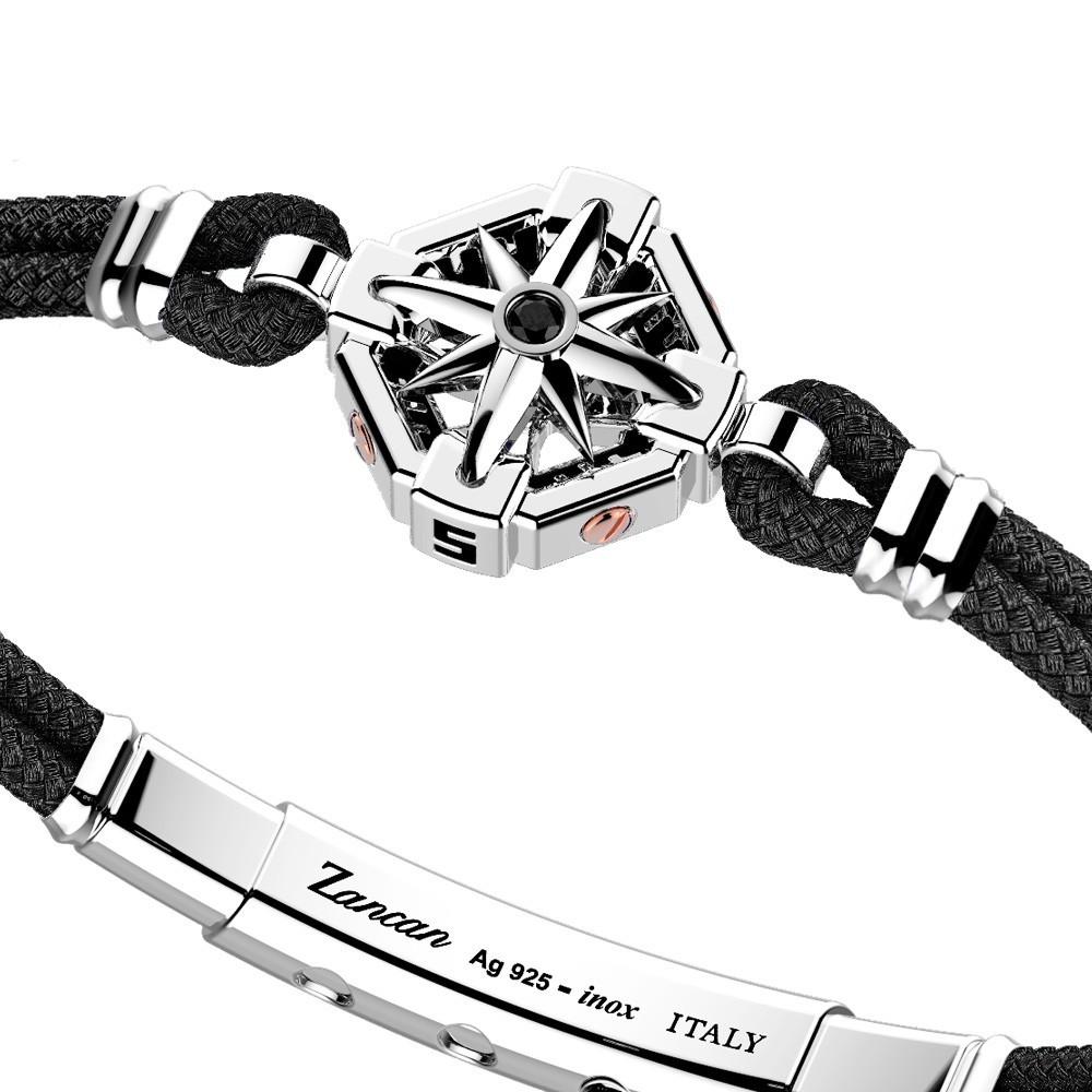 Zancan Bracciale Zancan in kevlar con rosa dei venti in argento e pietra nera Online Outlet