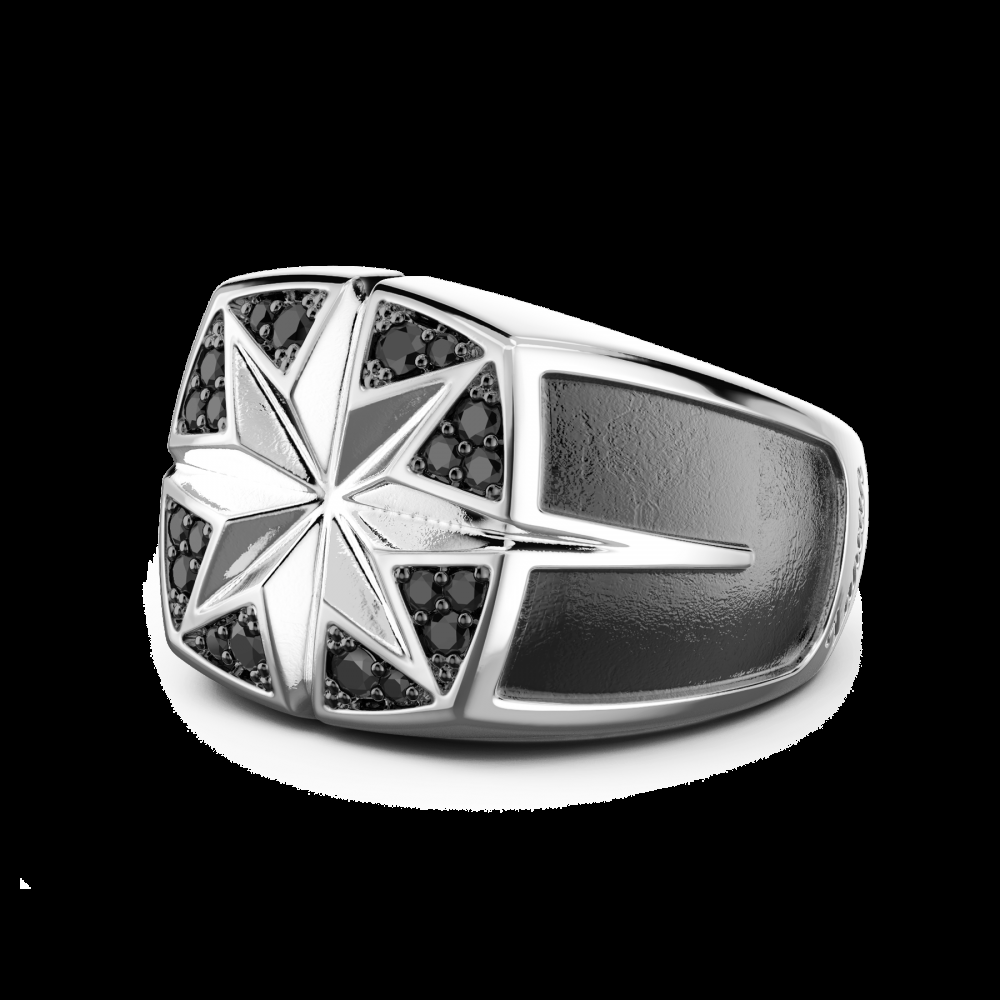 Zancan Anello Zancan in argento con rosa dei venti incisa e pietre nere Nuovo