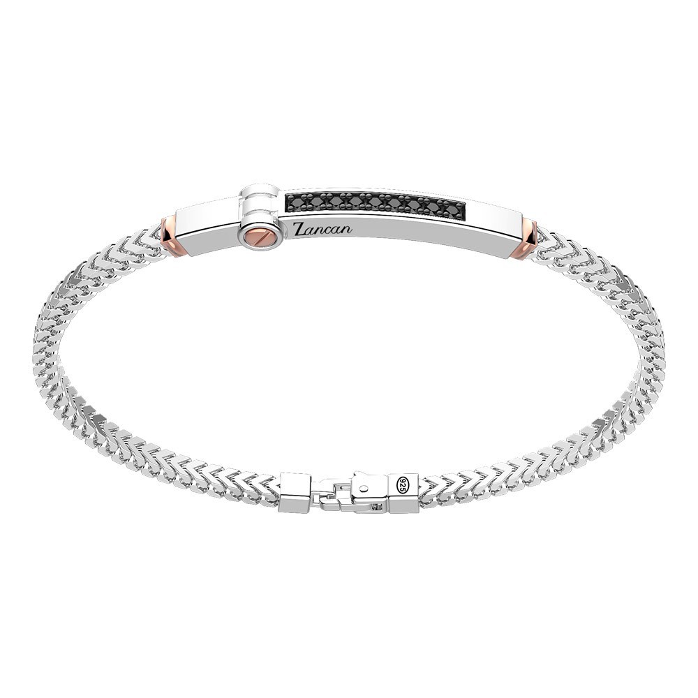 Zancan Bracciale Zancan in argento con targa ed inserti in oro rosa e pietre nere Officina