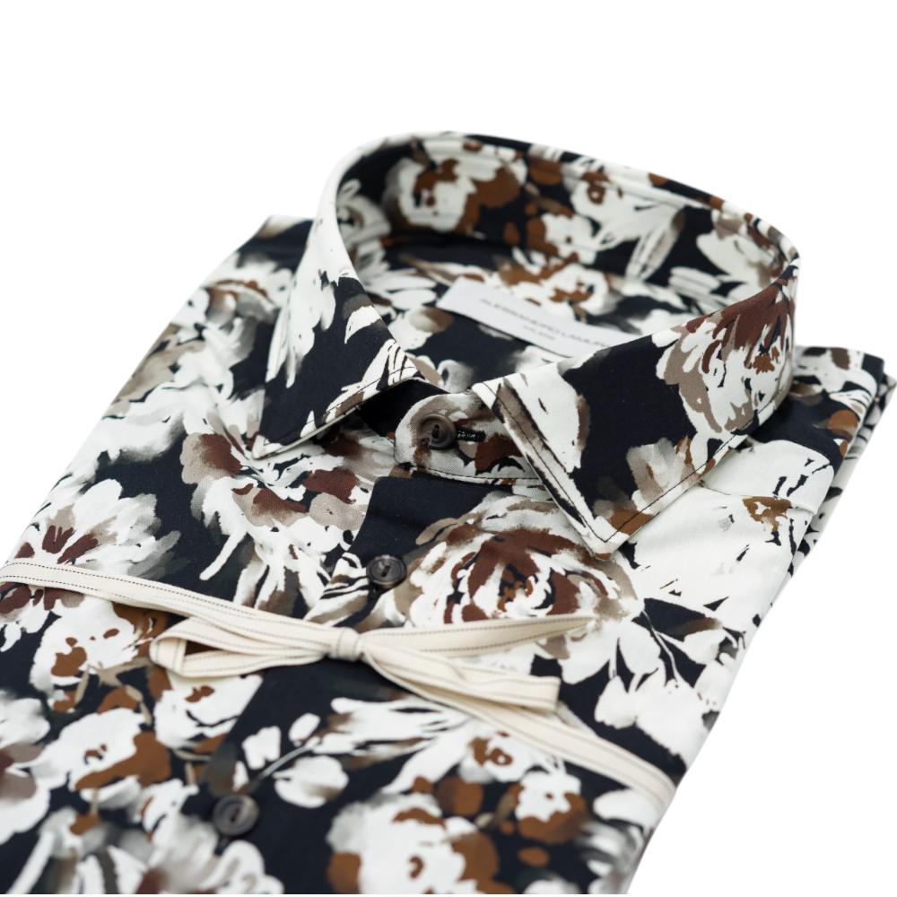 Alessandro Lamura Camicia Nera con Motivo Floreale Bianco e Marrone Promozione