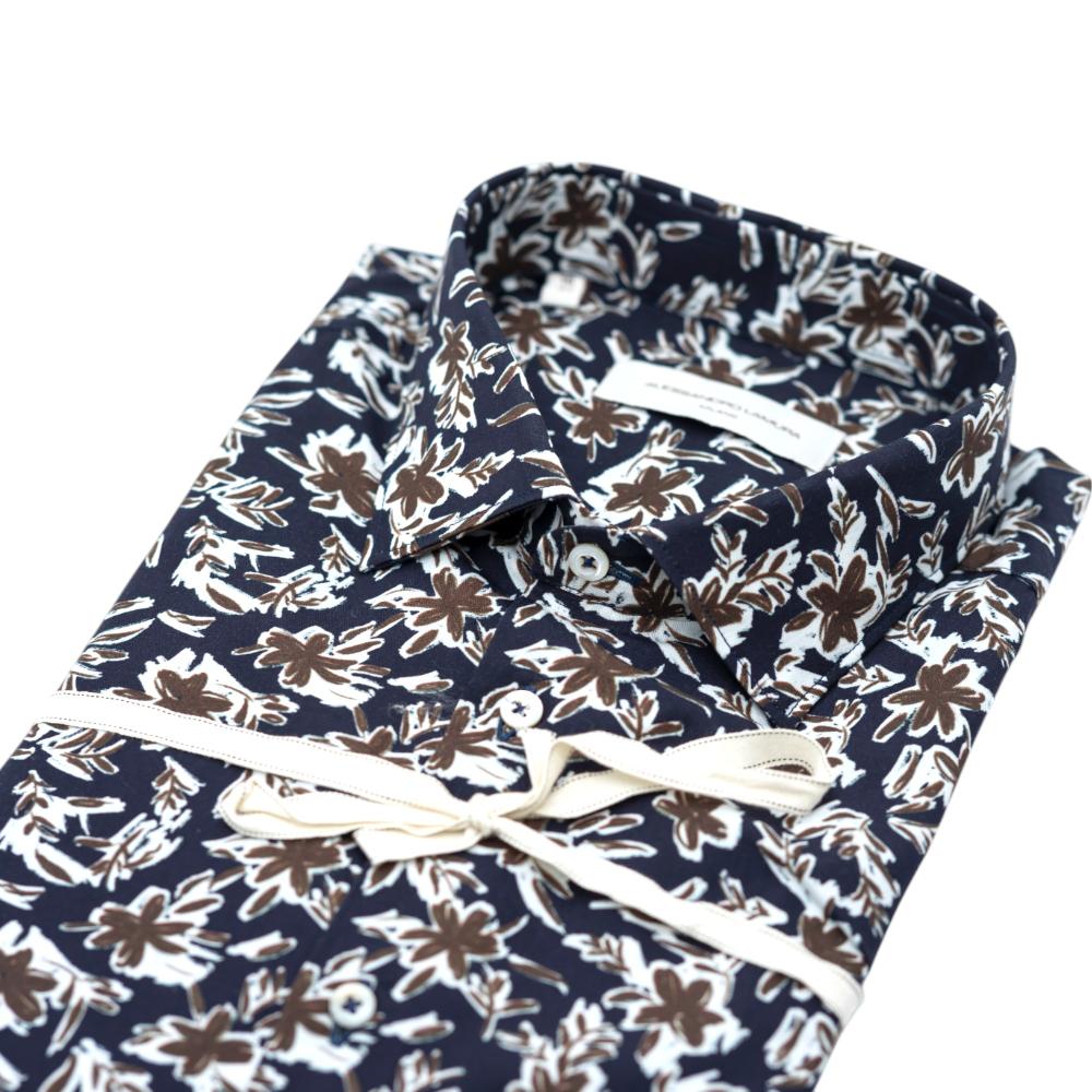 Alessandro Lamura Camicia Blu scuro con Stampa Floreale Bianca e Marrone Negozi Online