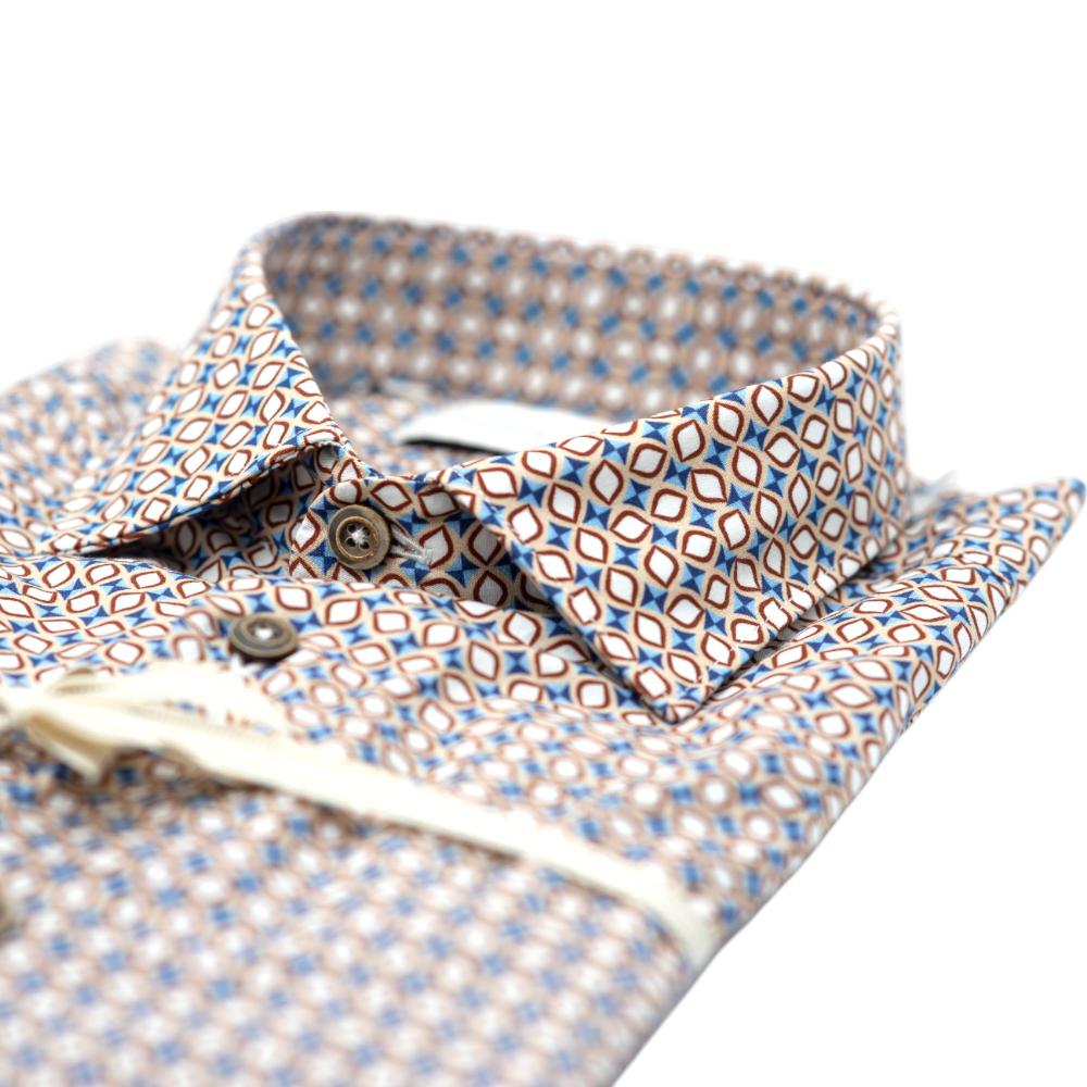 Alessandro Lamura Camicia Beige con Fantasia Geometrica Blu e Arancione Consegna Veloce