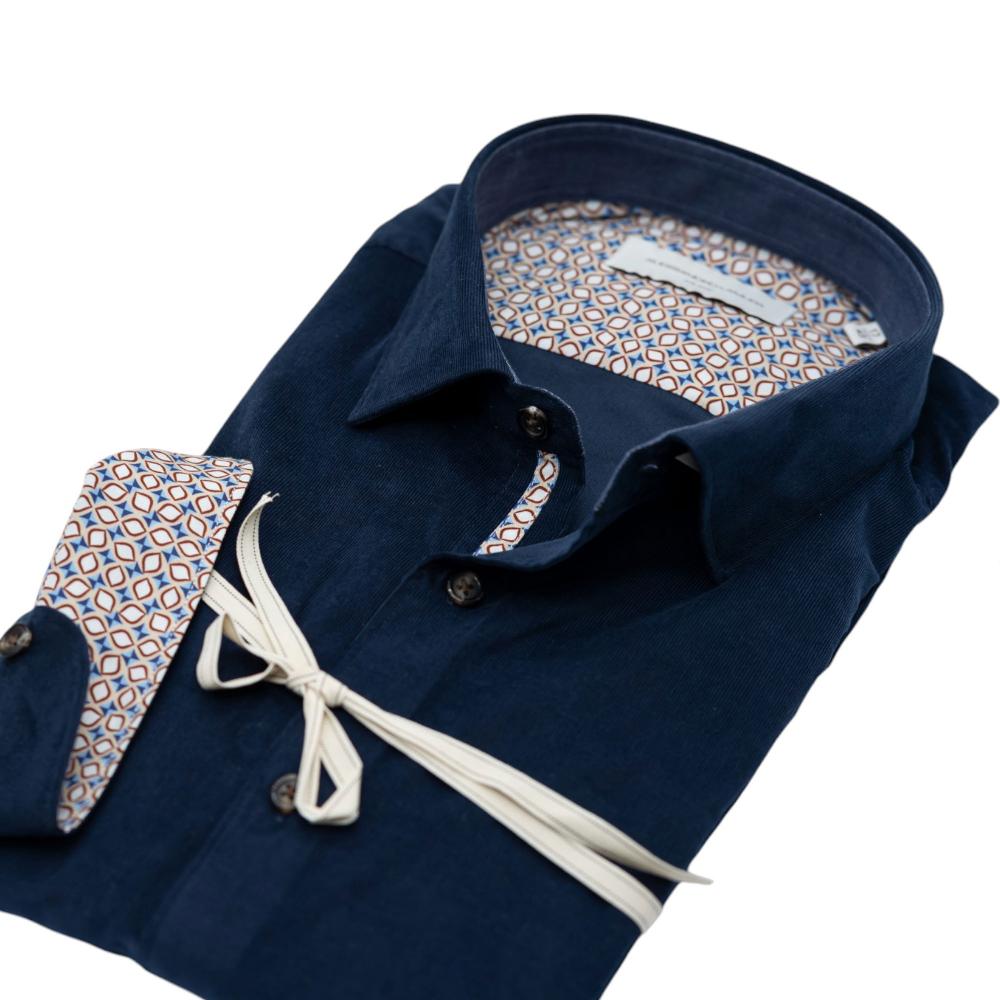 Alessandro Lamura Camicia Velluto Millerighe Blu Navy Con Dettagli Interni Geometrici In Vendita