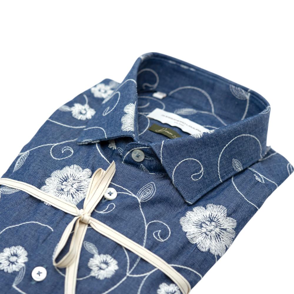 Alessandro Lamura Camicia in Denim Blu con Motivo Floreale Bianco Italia