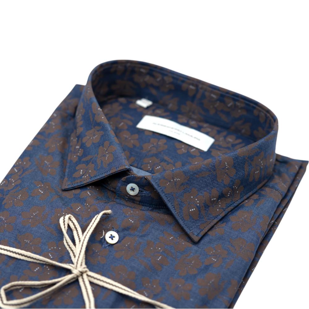 Alessandro Lamura Camicia Blu Scuro con Motivo Floreale Marrone Promozione