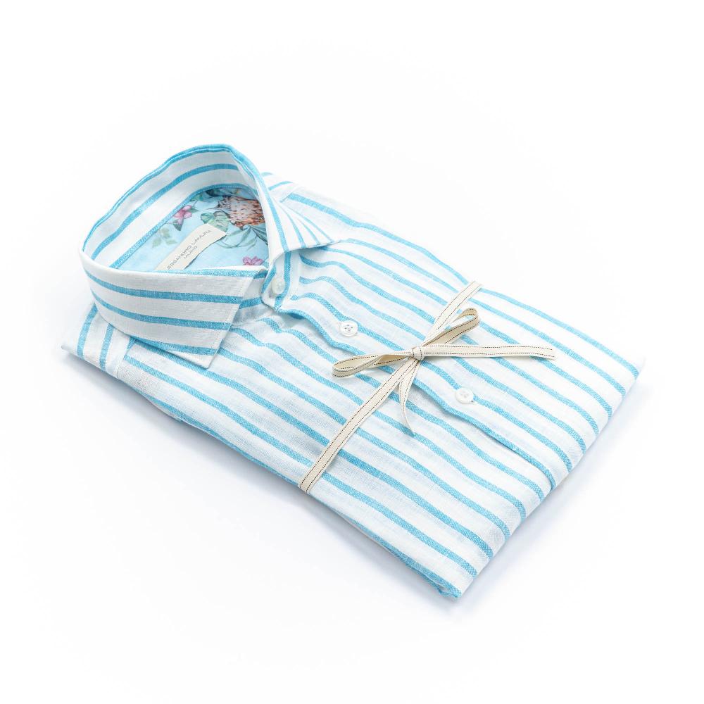 Alessandro Lamura Camicia A Righe Bianca E Blu Collo Francese Nuovo
