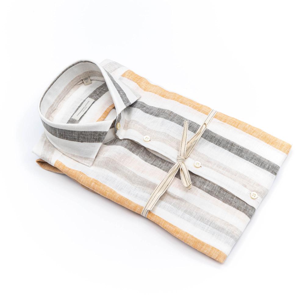 Alessandro Lamura Camicia Con Righe In Lino Collo Francese Promozione Limitata