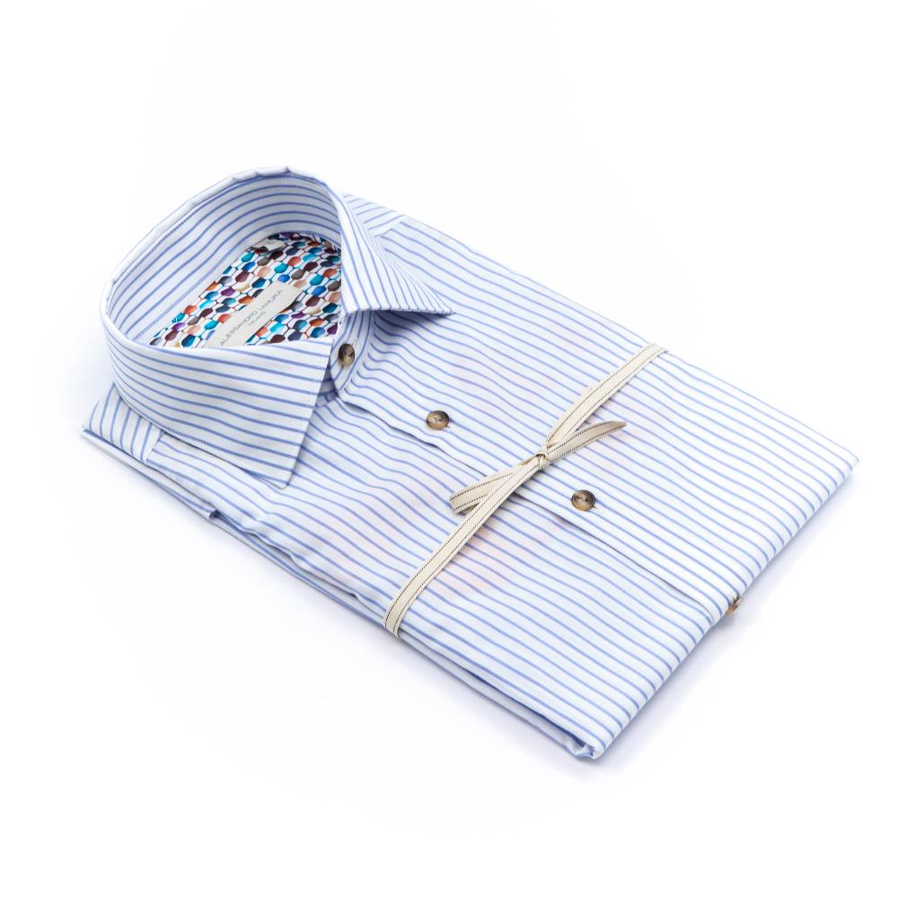 Alessandro Lamura Camicia Con Ricamo Rigata Collo Francese Prezzo Ridotto