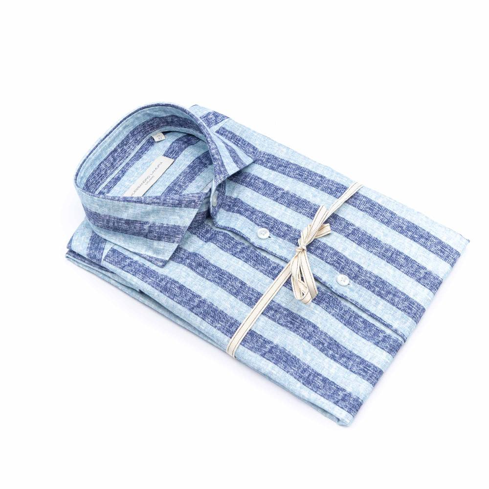 Alessandro Lamura Camicia Blu Rigata Collo Francese Sottocosto