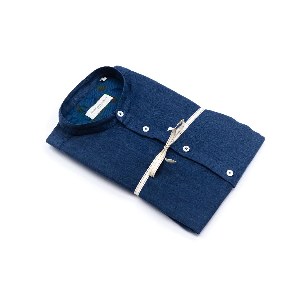 Alessandro Lamura Camicia Lino Coreana blu Con Contrasto Sconto