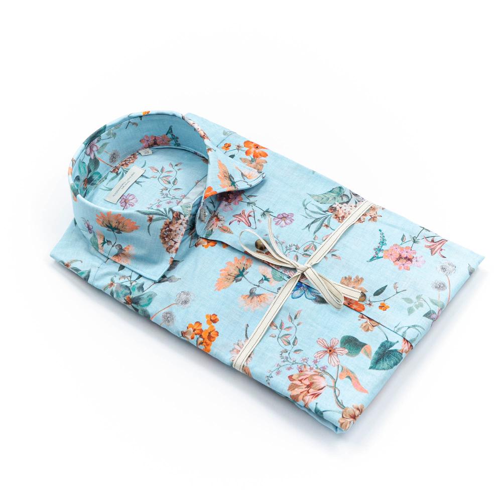 Alessandro Lamura Camicia Celeste Floreale Collo Italiano Offerte