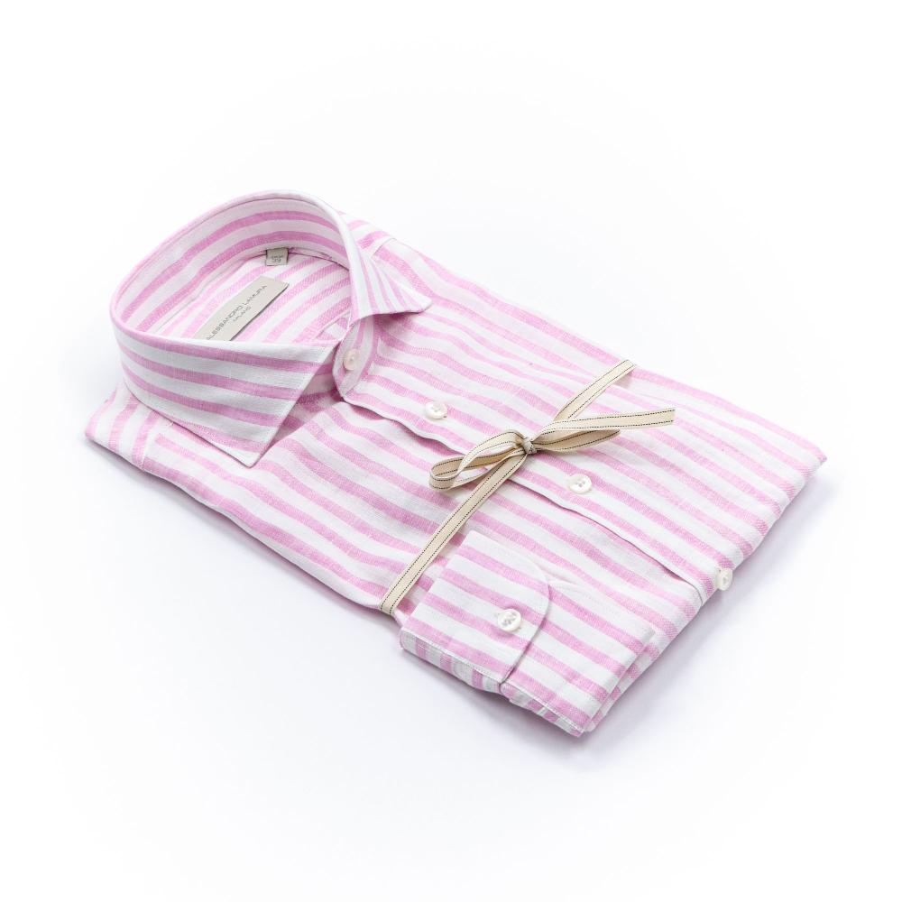 Alessandro Lamura Camicia Lino Righe Rosa Collo Francese In Linea