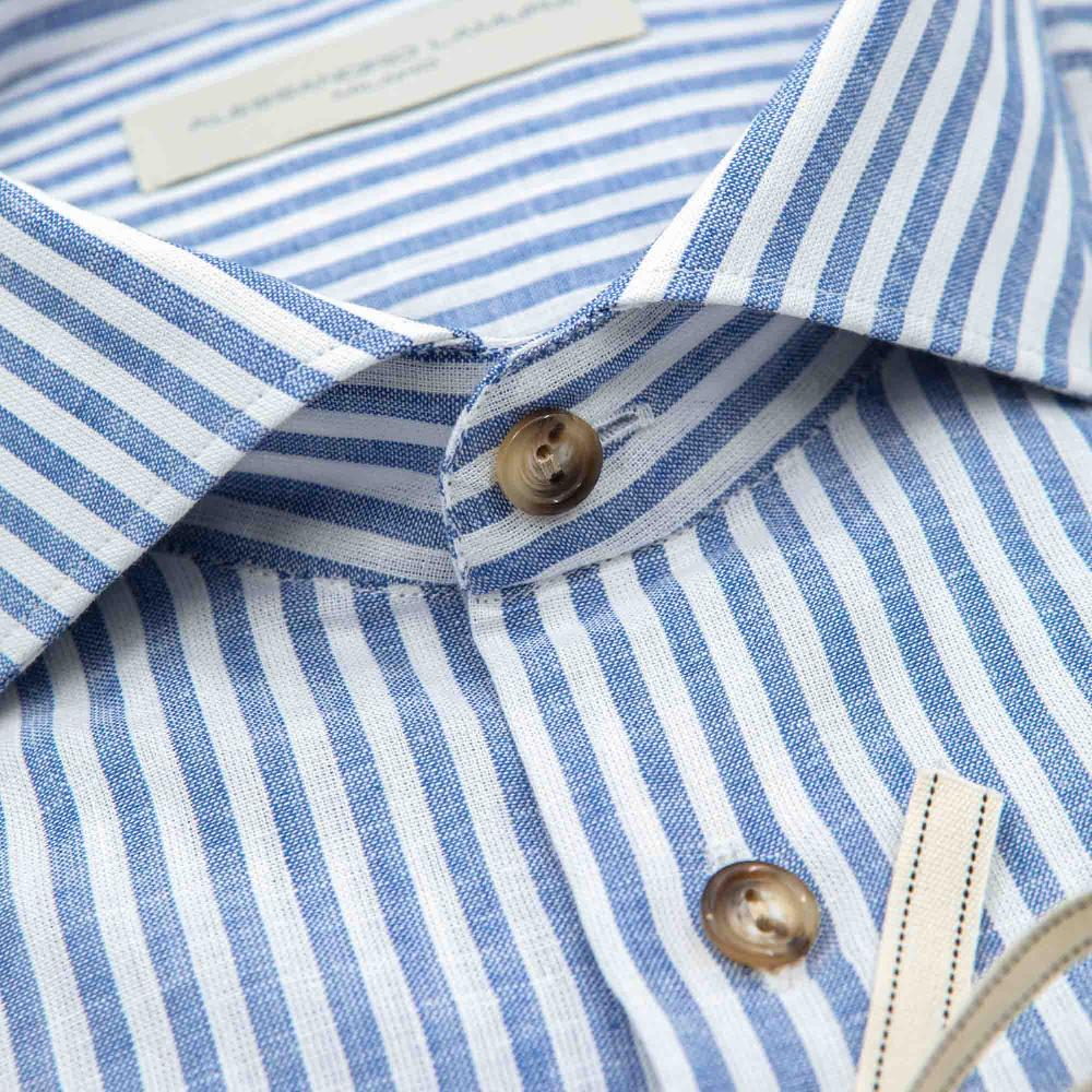 Alessandro Lamura Camicia Lino Blu e Bianca Rigata Nuovo