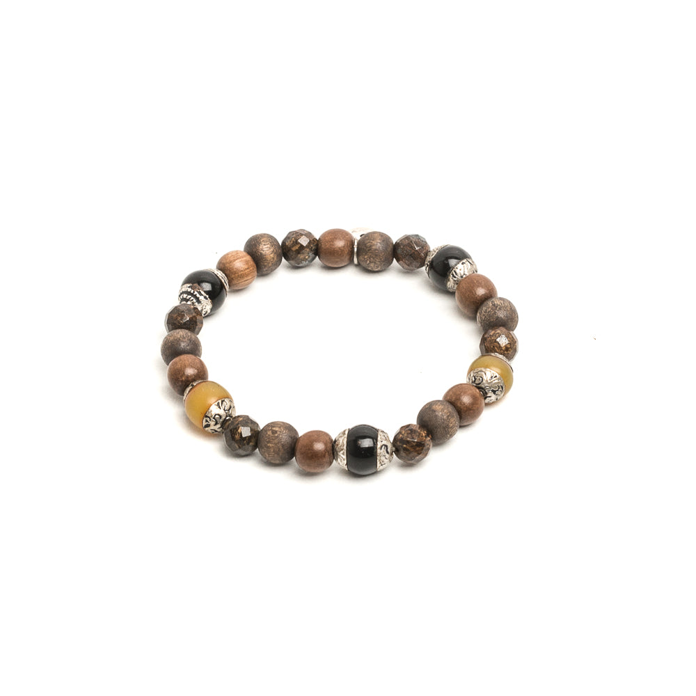 D'AMICO Bracciale Iresh / Elastico Perle Tuareg + Legno + Bronzite Nuova