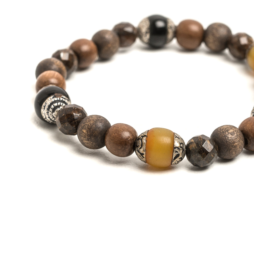 D'AMICO Bracciale Iresh / Elastico Perle Tuareg + Legno + Bronzite Nuova