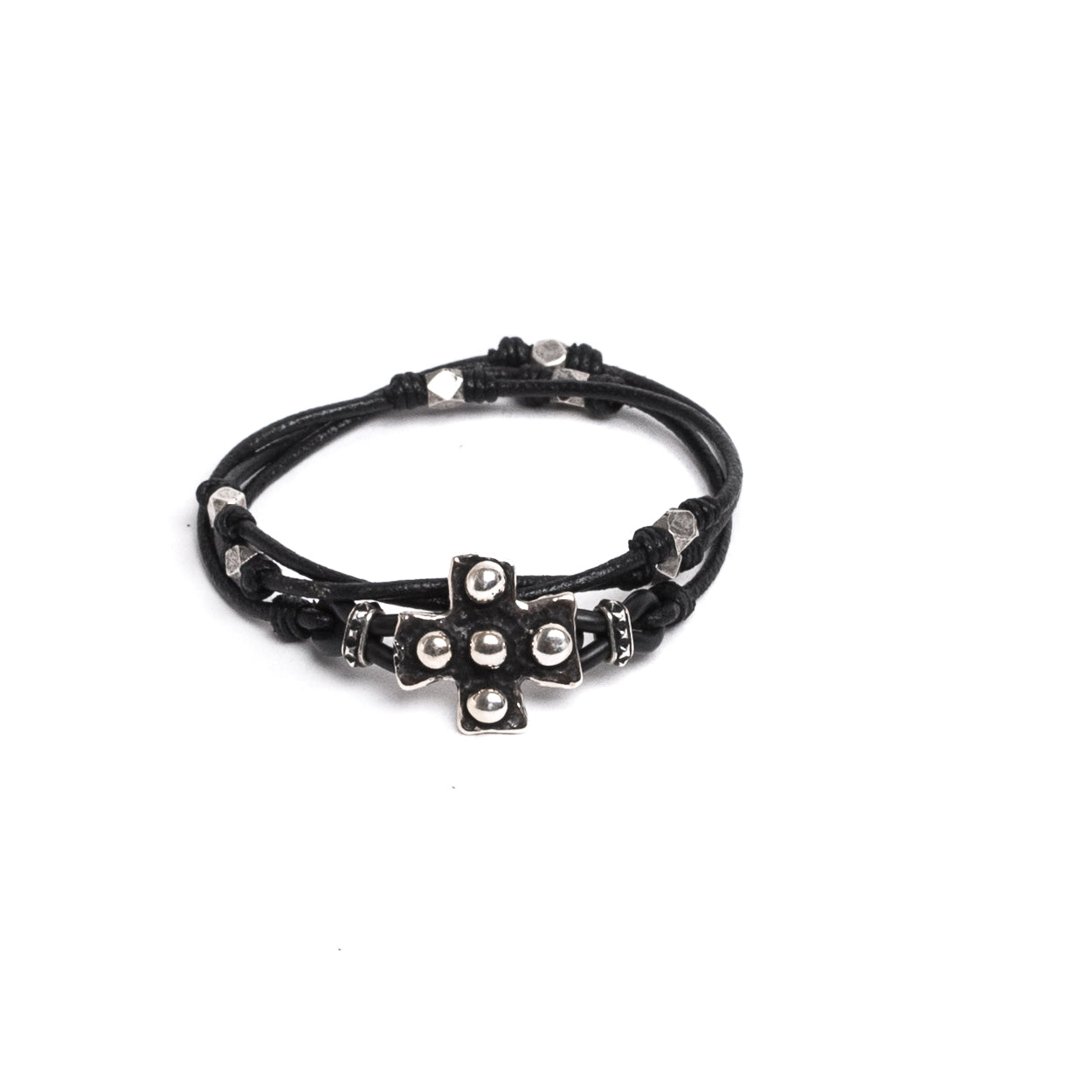 D'AMICO Bracciale Cuoio + Croce Palline e Pepite Qualità