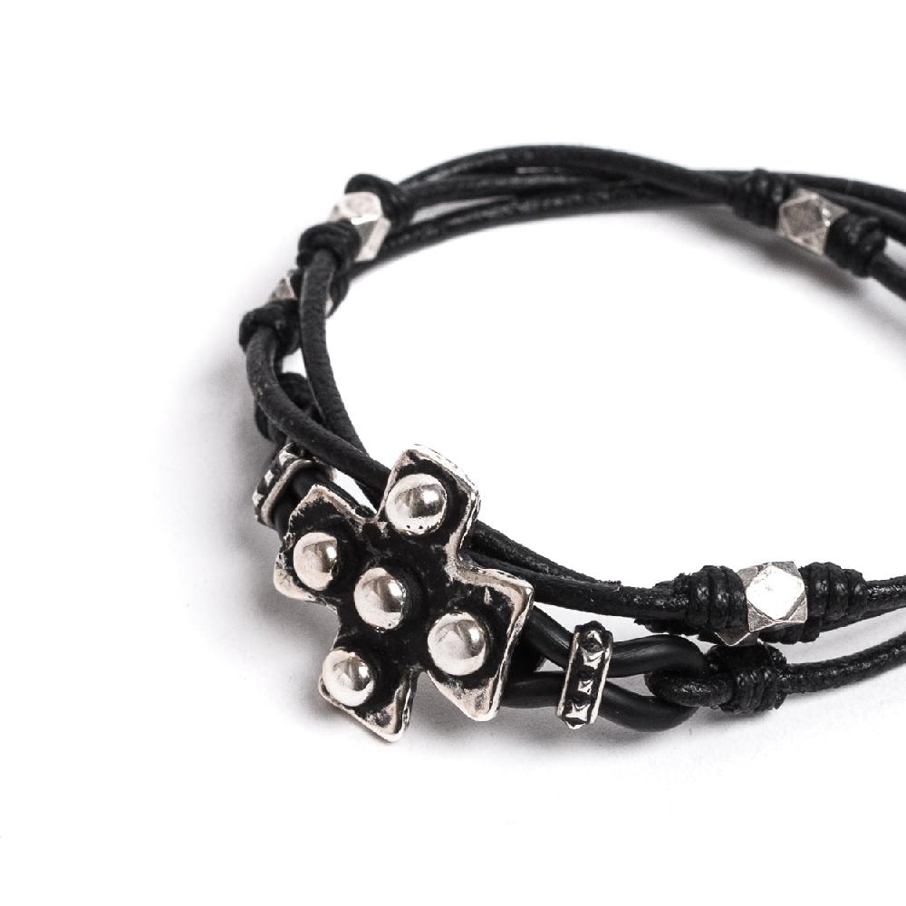 D'AMICO Bracciale Cuoio + Croce Palline e Pepite Qualità