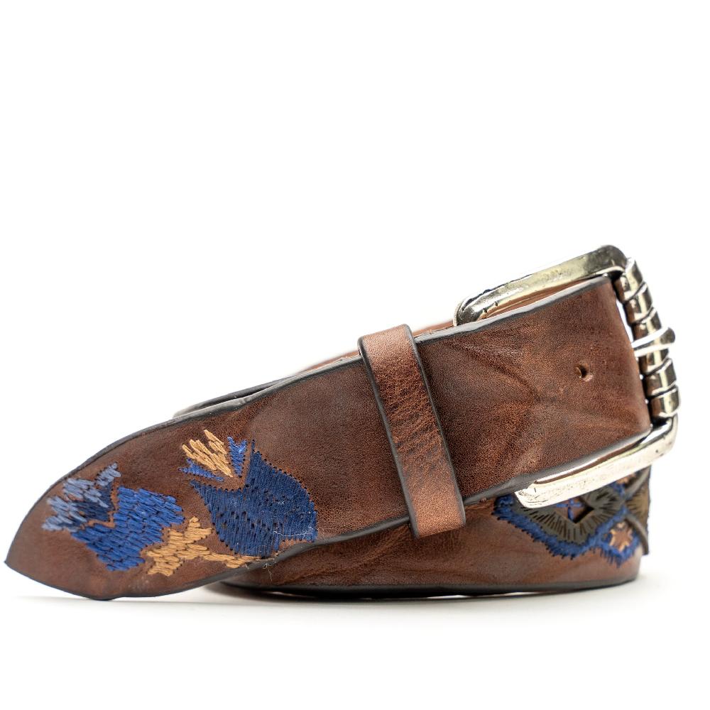 D'AMICO Cintura Cuoio Vintage Brown Floral Blue Nuova
